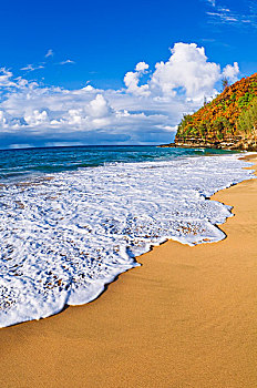 沙子,海浪,海滩,小路,纳帕利海岸,岛屿,考艾岛,夏威夷