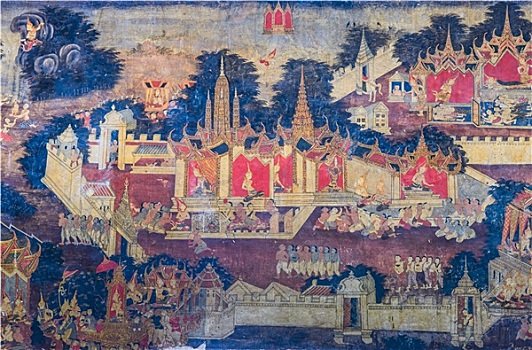 传统,泰国,壁画,生活,佛,庙宇,墙壁