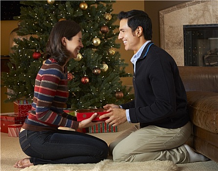 情侣,打开,礼物,正面,圣诞树