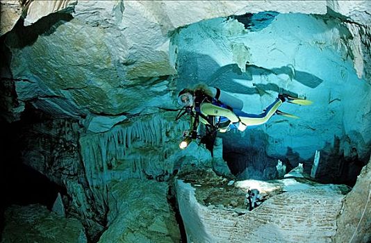 潜水者,水下,洞穴,蓬塔卡纳,多米尼加共和国