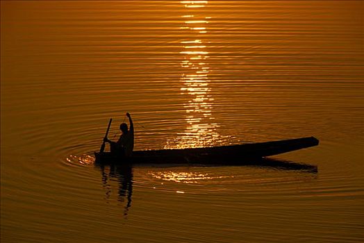落日,捕鱼者,捕鱼,渔船,湄公河,万象,老挝