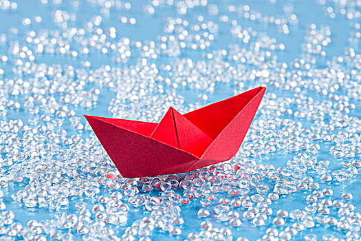 红色,折纸,纸,船,蓝色背景,水,背景