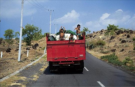 孩子,卡车,运输,道路,巴厘岛,印度尼西亚,亚洲