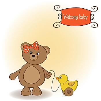 欢迎,婴儿,卡,女孩,泰迪熊,鸭子