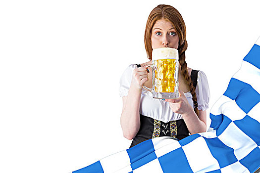 合成效果,图像,女孩,喝,罐,啤酒,蓝色,白色,旗帜