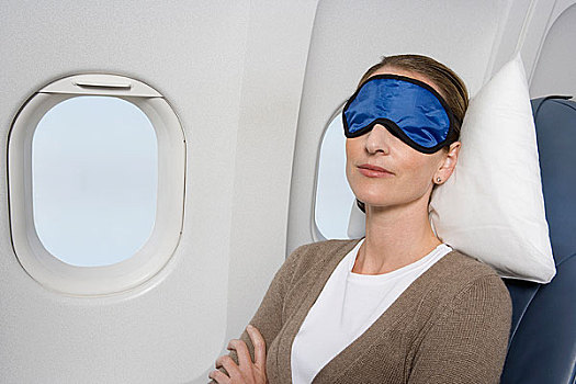 女人,穿,眼罩,睡觉,飞机