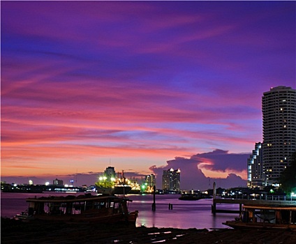彩色,日落,湄南河,曼谷,泰国