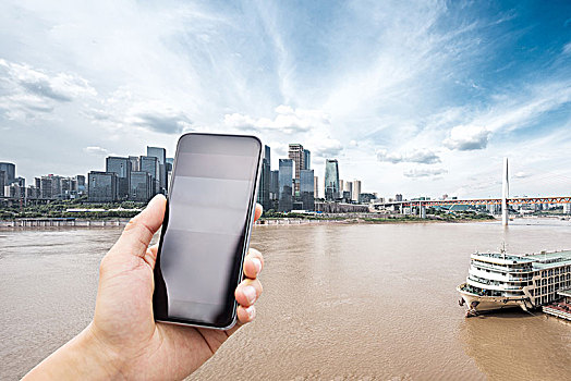 手机,现代建筑,河