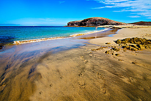脚步,海岸,人,石头,火山,西班牙,水,兰索罗特岛,天空,云,海滩,夏天