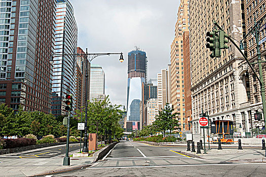 看,西部,公路,高层建筑,工地,一个,世贸中心,自由,塔楼,金融区,下曼哈顿,纽约,美国,北美