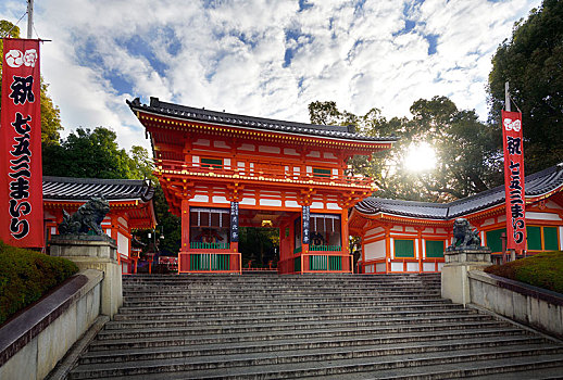 日本,神社,神祠,鲜明,橙色,大门,正门入口,袛园,地区,京都,亚洲