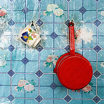 室内,羊圈,白色,杯子,花,红色,瓷釉,悬挂,蓝色,图案,塑料制品,墙壁,钉子,罗马尼亚,五月,2006年