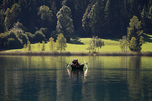 渔民,划艇,早晨,湖,卡林西亚,奥地利,欧洲