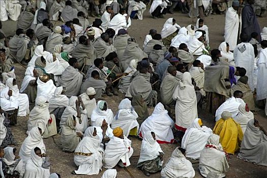 埃塞俄比亚人,东正教,基督教,聚集,信徒,穿,灰色,衣服,拉里贝拉,埃塞俄比亚,非洲