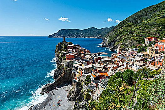 彩色,房子,悬崖,海滩,远眺,维纳扎,拉斯佩齐亚,五渔村,利古里亚,意大利,欧洲