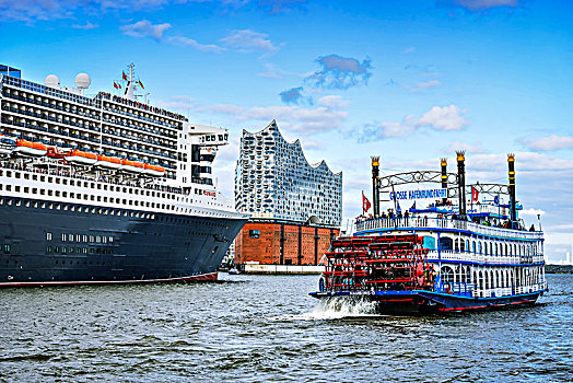 德国,汉堡市,港城,游船,玛丽女王二世号,桨轮船