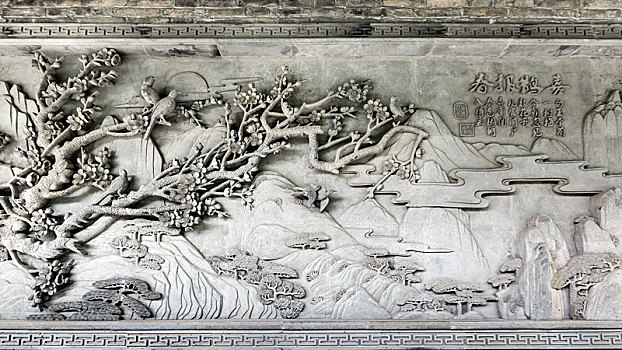 喜鹊报春灰色砖雕,山东省青州古城偶园望春楼浮雕