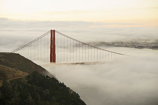金门大桥,围绕,雾,俯视,旧金山湾,日落,加利福尼亚,美国
