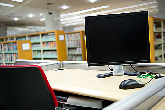 电脑,图书馆,许多,书本,架子,背景