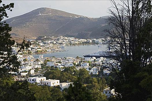 俯拍,城市,帕特莫斯岛,多德卡尼斯群岛,希腊