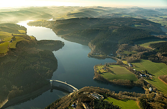航拍,坝,水库,低水位,水,藻厄兰,北莱茵威斯特伐利亚,德国,欧洲