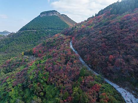 航拍济南彩石劈山红叶