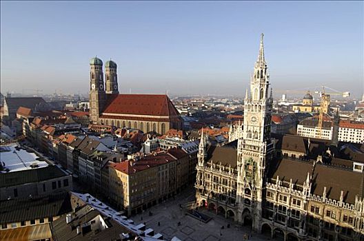 远景,慕尼黑,圣母教堂,教堂,市政厅,玛利亚广场,广场,巴伐利亚,德国,欧洲