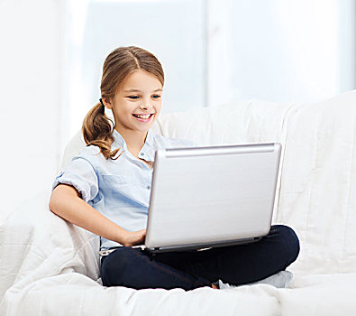 家,休闲,科技,互联网,概念,小,学生,女孩,笔记本电脑,在家