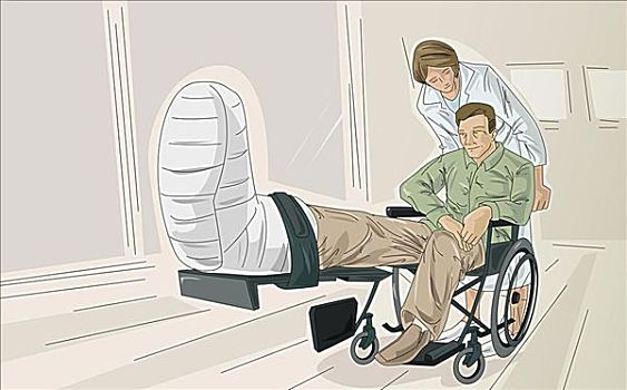 医护人员,推,病人,断腿,轮椅