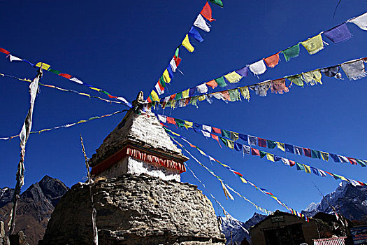 佛塔,祈祷,旗帜,昆布,萨加玛塔国家公园,尼泊尔,亚洲