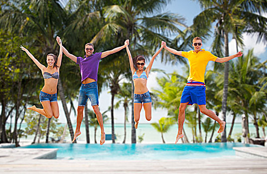 夏天,休假,度假,高兴,人,概念,群体,朋友,情侣,跳跃,海滩