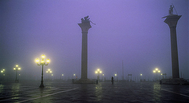柱子,夜晚,薄雾,威尼斯,意大利