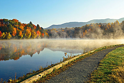 湖,雾,公园,秋叶,山,反射,新英格兰