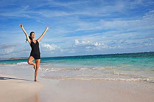 女人,瑜伽姿势,海滩,蓬塔卡纳,多米尼加共和国