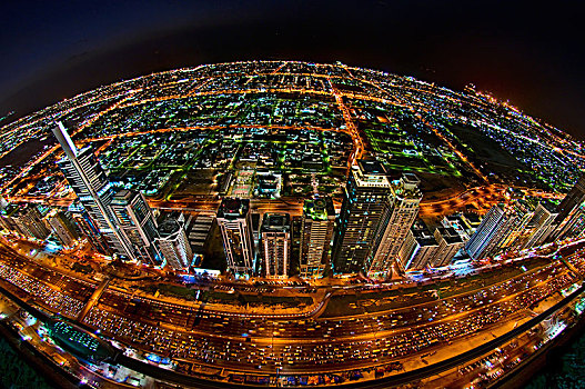 俯视,鱼眼镜头,风景,迪拜,阿联酋,夜晚