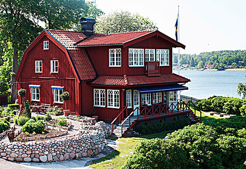 老,瑞典,木屋,建筑,花园,海洋