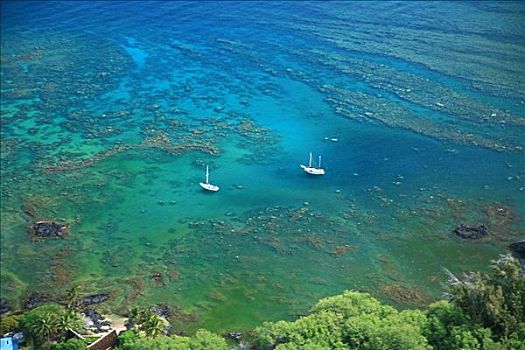 夏威夷,夏威夷大岛,柯哈拉海岸,两个,深潜,船,锚定,外滨,礁石