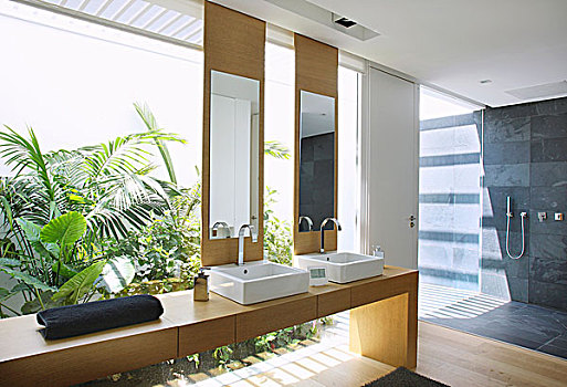 现代,浴室,玻璃墙,风景,异域风情