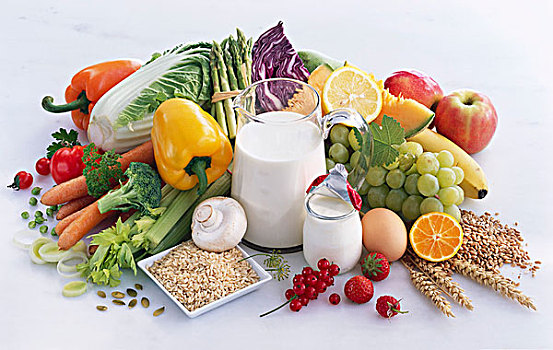 健康食物,蔬菜,谷物,牛奶,酸奶,蛋,水果