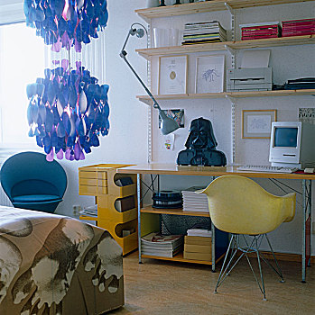 居家办公,卧室,黄色,50年代,椅子,蓝色,复古,吊灯