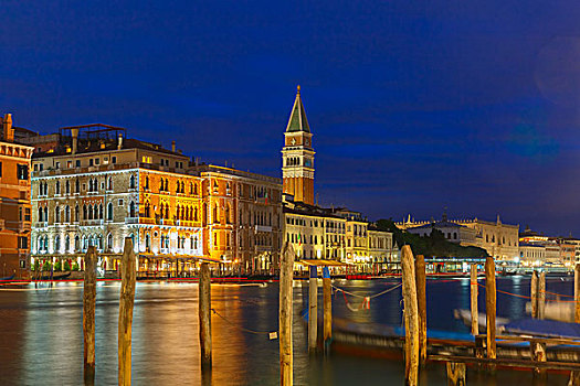 钟楼,大运河,夜晚,威尼斯