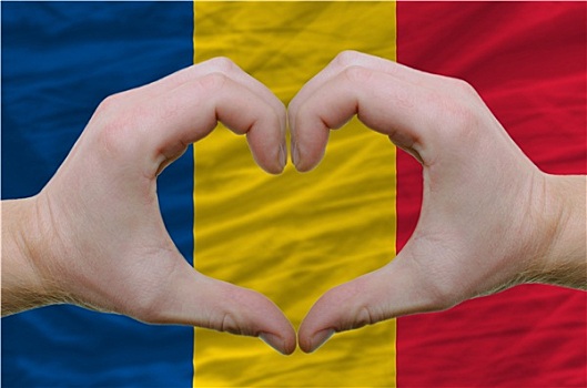 心形,喜爱,手势,展示,上方,旗帜,罗马尼亚,背影