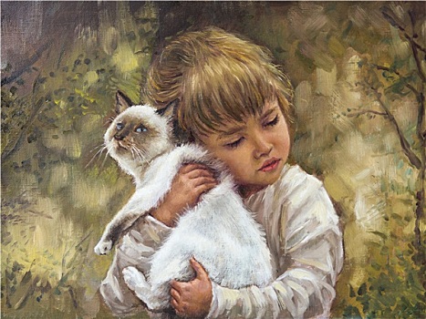 油画,帆布,女孩,搂抱,小猫