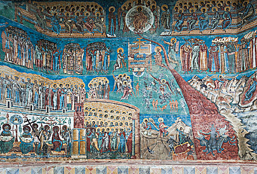 罗马尼亚,布科维纳,区域,寺院,15世纪,宗教,壁画,蓝色,绘画,石头