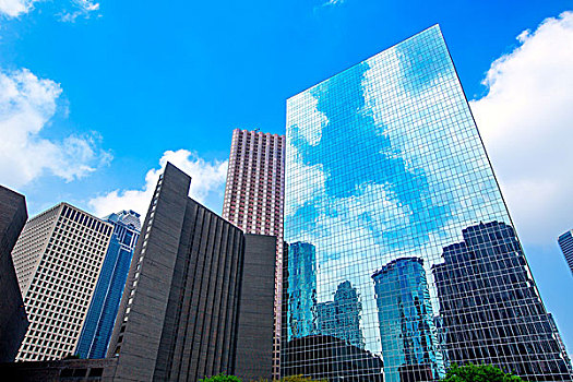 休斯顿,市区,摩天大楼,倒影,蓝天,反射