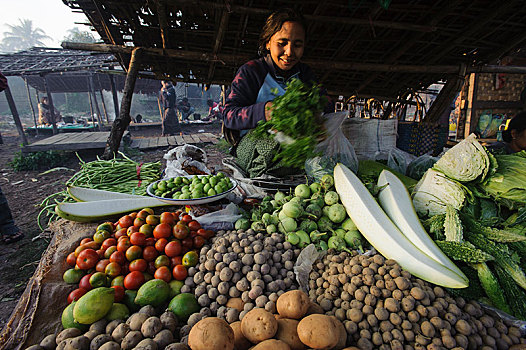 女人,销售,蔬菜,市场,若开邦,缅甸