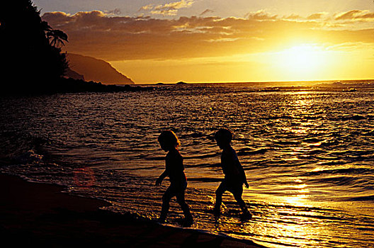 夏威夷,儿童,海滩,日落