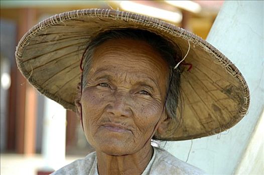 老太太,戴着,帽子,稻草,肖像,掸邦,缅甸,东南亚