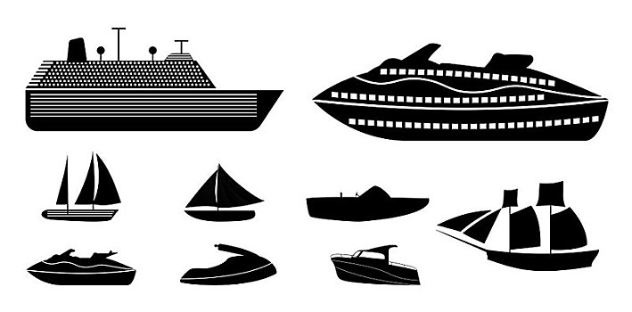 不同,船,娱乐,钓鱼,河,海洋,班轮,度假,剪影,矢量,插画