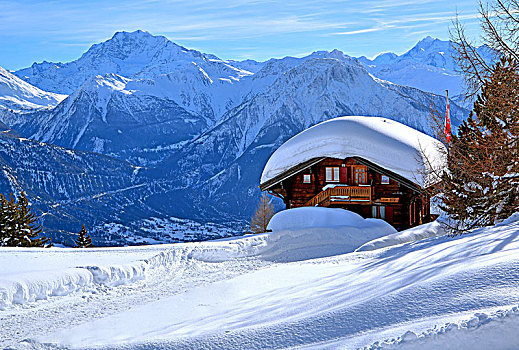 冬季风景,深,积雪,木房子,正面,阿莱奇地区,瓦莱,瑞士,欧洲